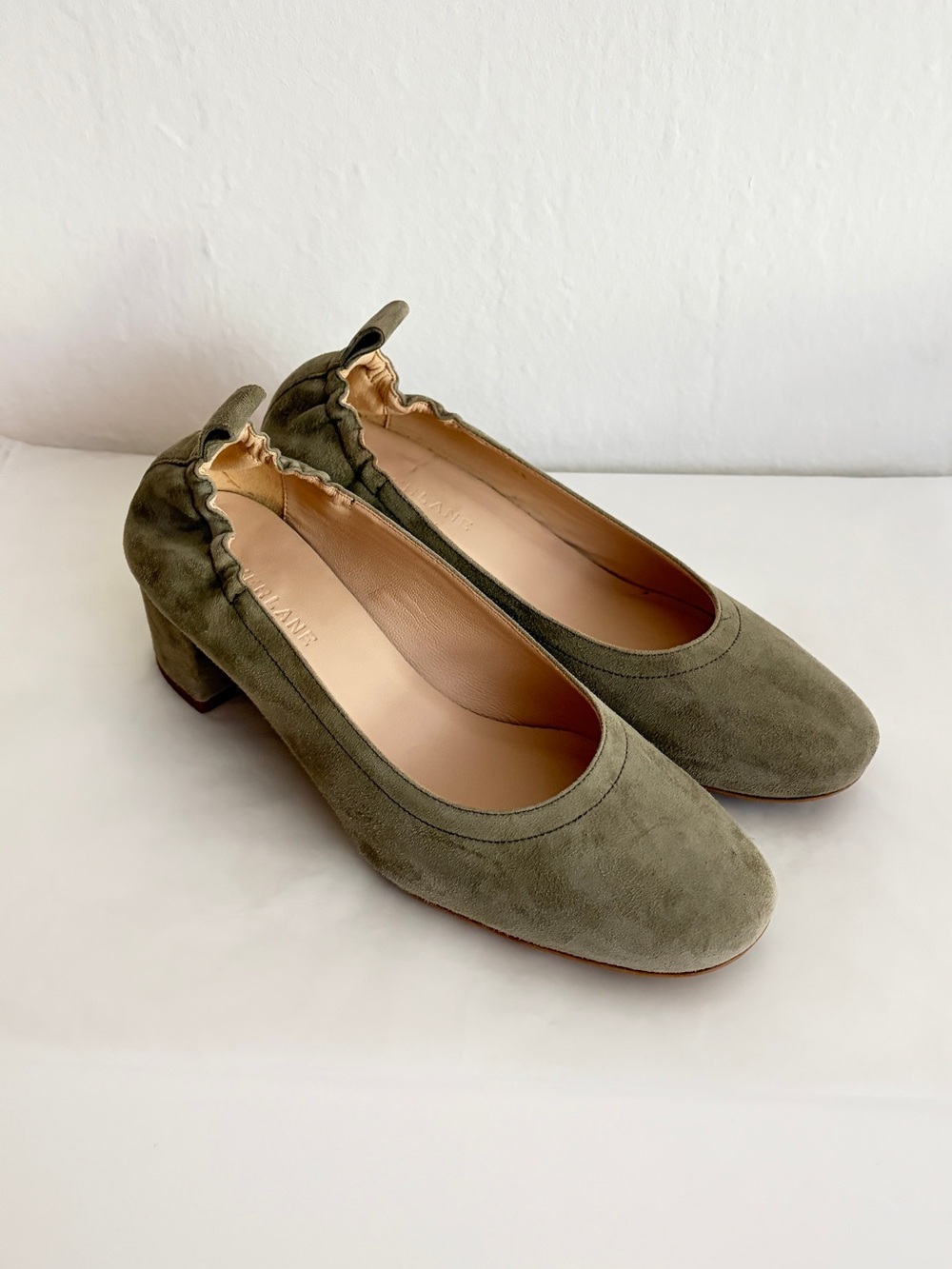 Everlane Day Heel in Sage Green Suede